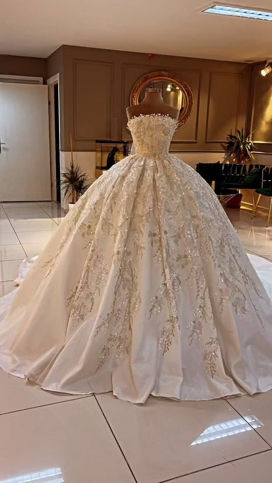 Unique Ball Gown Strapless Sequins Satin Lace Wedding Dress Fairytale Long Wedding Dresses RB2852