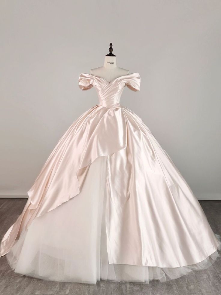 Robe de mariée intemporelle en satin rose à épaules dénudées et manches, style conte de fées, style automne RB2853
