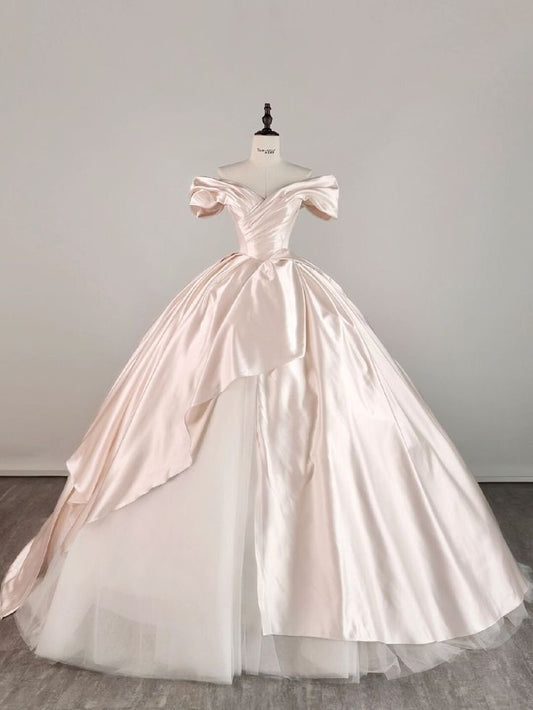 Timeless Ball Gown Off The Shoulder Pink Satin Wedding Dress With Sleeves Fairytale Autumn Wedding Dresses RB2853