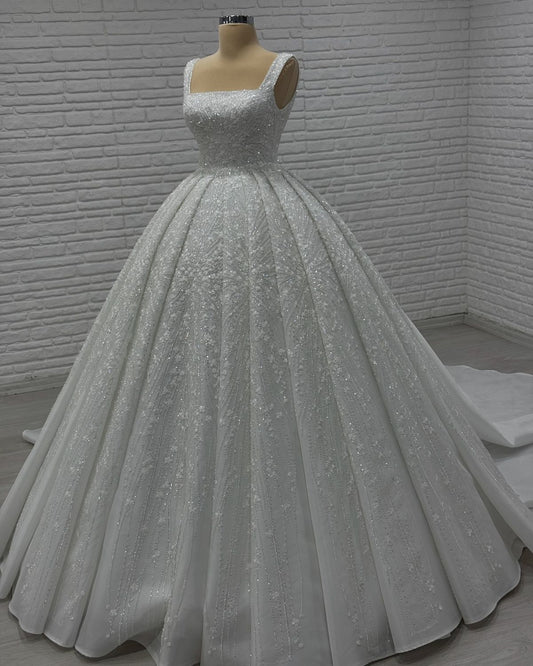 Princess Ball Gown Square Neck White Sequins Wedding Dress Fairytale Autumn Wedding Gown RB2857