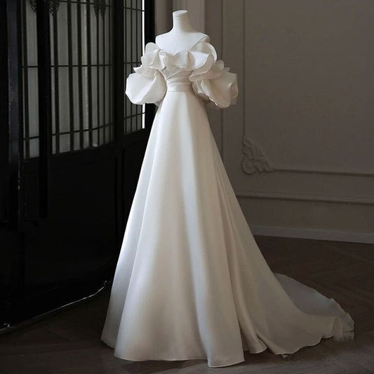 Timeless A Line Off The Shoulder White Satin Wedding Dress With Sleeves Fairytale Autumn Wedding Dresses RB2859