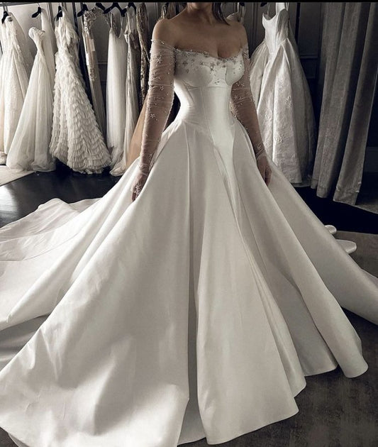 Dream Ball Gown Off The Shoulder White Pleated Long Sleeves Silver Beaded Wedding Dress Styles Long Brides Gown Wedding Dresses Ideas DH2867