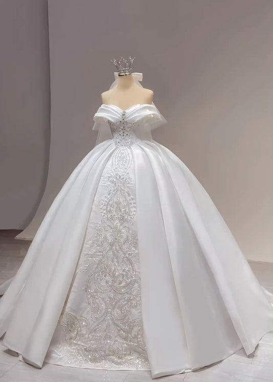Dream Ball Gown Off The Shoulder White Pleated Short Sleeves Silver Beaded Wedding Dress Styles Long Brides Gown Wedding Dresses Ideas DH2869