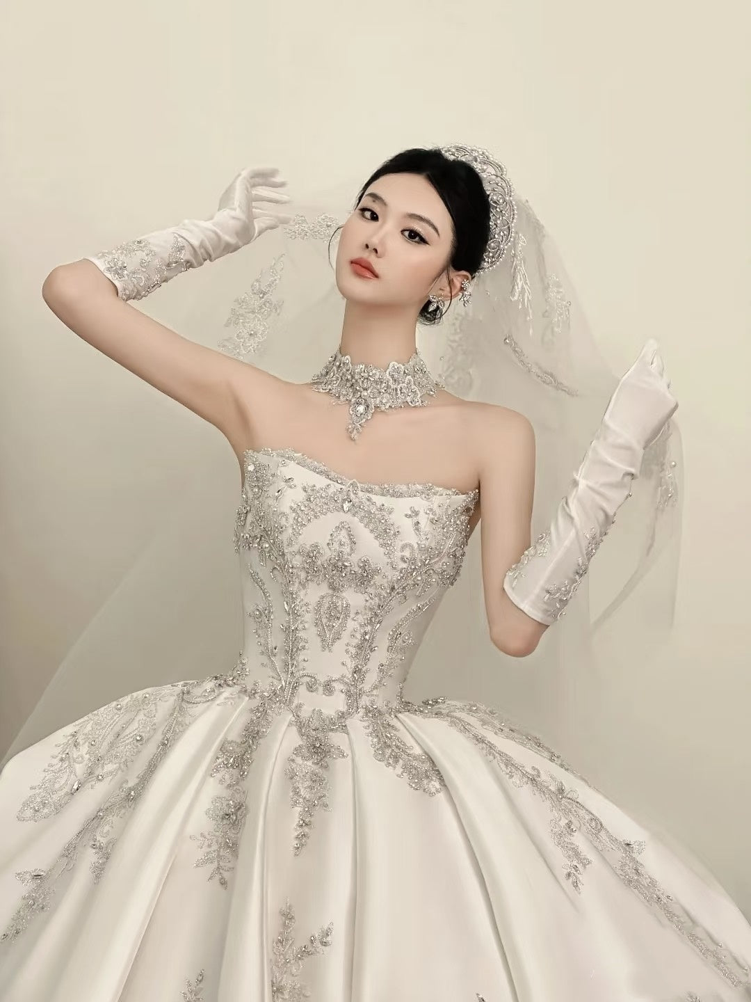 Dream Ball Gown Strapless Satin Full Beaded White Fitted Lace Wedding Dress Styles Long Brides Gown Wedding Dresses Ideas DH2872