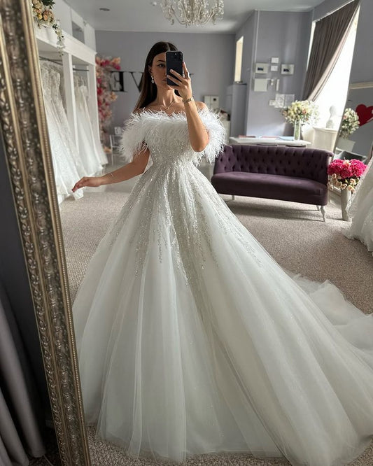 Elegant Ball Gown Off The Shoulder Tulle Pleated Short Sleeves Silver Beaded Wedding Dress Styles Long Bridal Gown Wedding Dresses Ideas DH2874