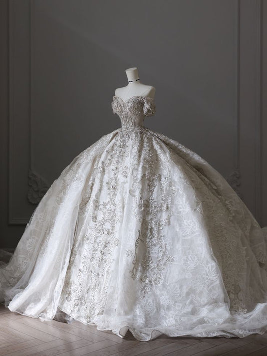 Elegant Ball Gown Off The Shoulder Lace Short Sleeves White Wedding Dress Styles Long Bridal Gown Wedding Dresses Ideas DH2880