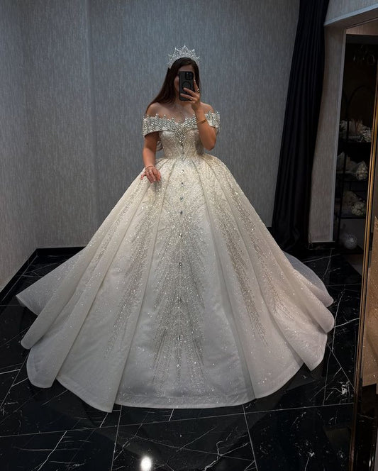 Elegant Ball Gown Off The Shoulder Sequin Silver Beaded Short Sleeves White Wedding Dress Styles Long Bridal Gown Wedding Dresses Ideas DH2884