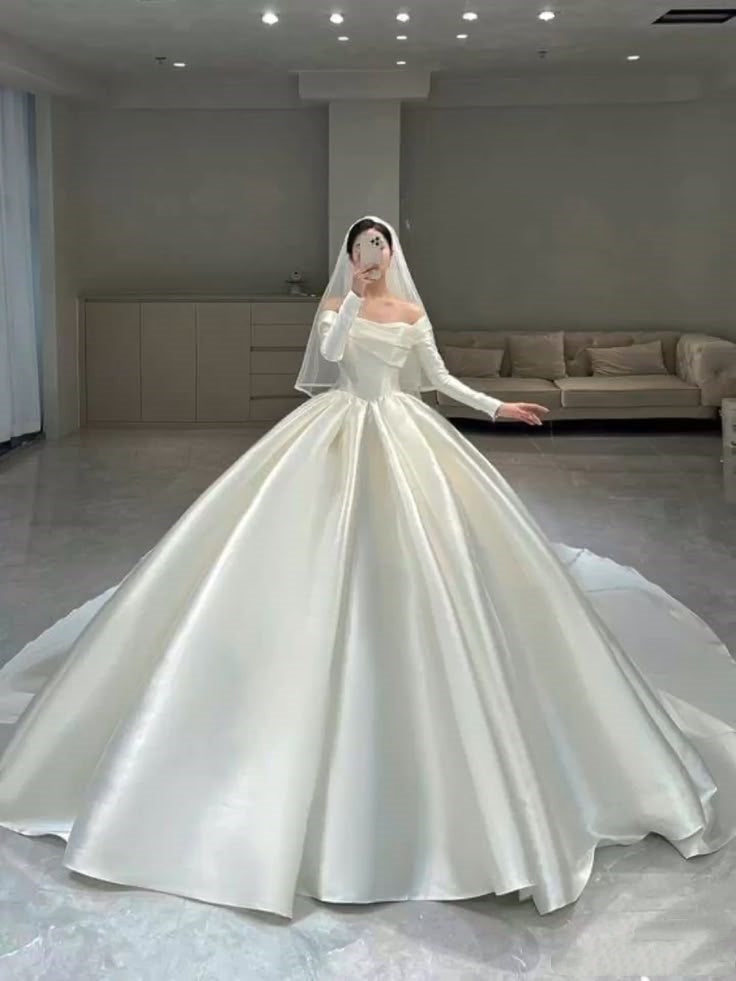 Elegant Ball Gown Off The Shoulder Satin Long Sleeves White Wedding Dress Styles Long Bridal Gown Wedding Dresses Ideas DH2886