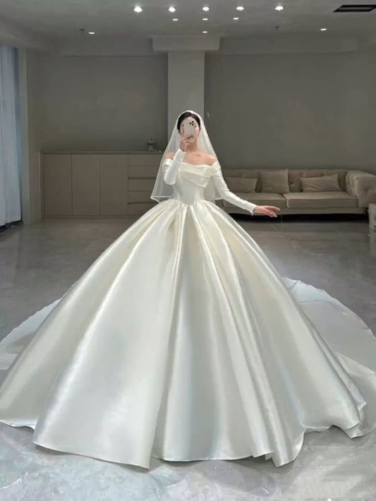 Elegant Ball Gown Off The Shoulder Satin Long Sleeves White Wedding Dress Styles Long Bridal Gown Wedding Dresses Ideas DH2886