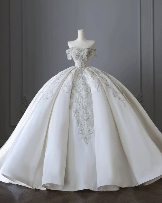 Elegant Ball Gown Off The Shoulder Satin Short Sleeves White Lace Wedding Dress Styles Long Bridal Gown Wedding Dresses Ideas DH2889