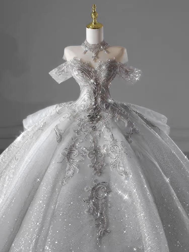 Robe de mariée longue à paillettes, épaules dénudées, manches courtes, blanche et argentée, avec perles, idée de robe de mariée DH2899