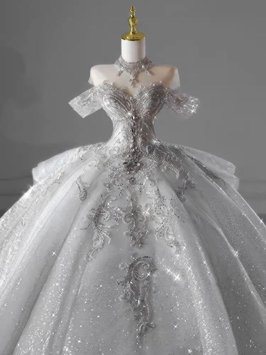 Sparkle Ball Gown Off The Shoulder Sequin Short Sleeves White Silver Beaded Wedding Dress Long Bridal Gown Wedding Dresses Ideas DH2899