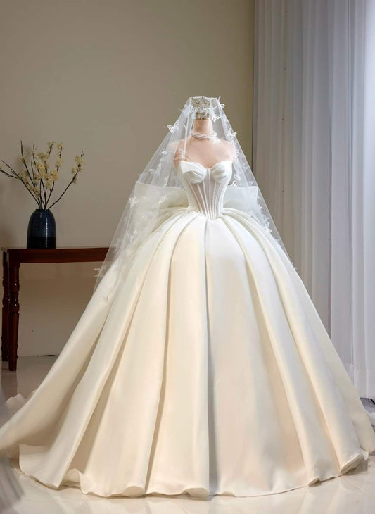 Dreamy Ball Gown Sweetheart White Fitted Satin Wedding Dress Bridal Gowns Wedding Dresses DH2906
