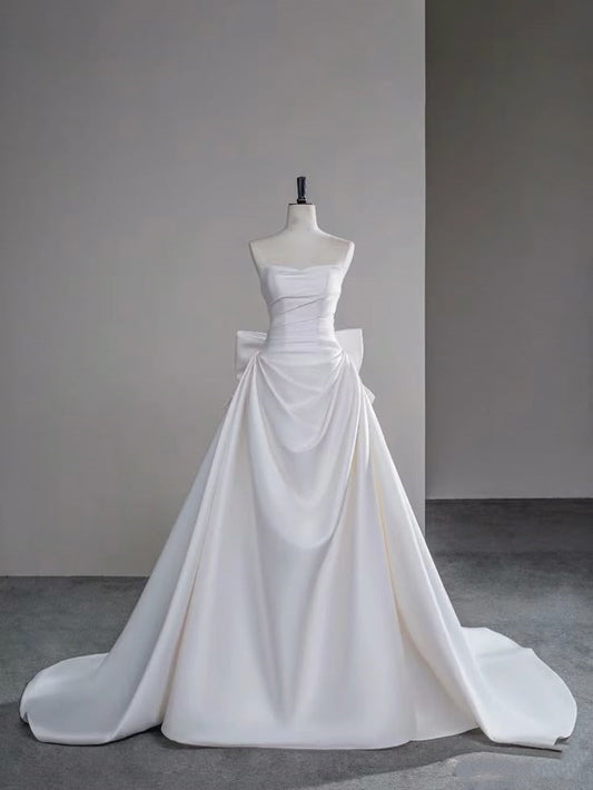 Modest Mermaid Sweetheart Satin Pleated White Wedding Dress With Bow Long Bridal Gown Wedding Gowns DH2912