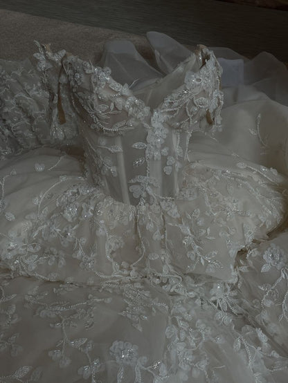 Robe de mariée élégante, épaules dénudées, en dentelle, avec perles, ajustée, longue, DH2913