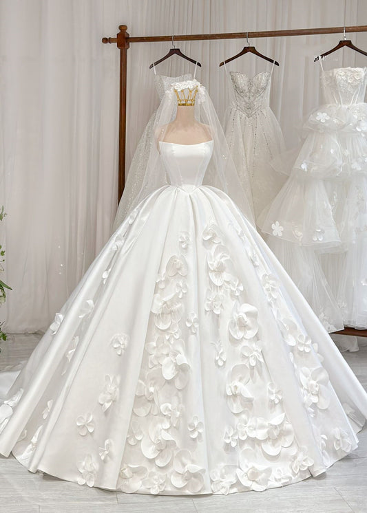 Modest Ball Gown Strapless Fitted Corset Satin Flowers Wedding Dress Long Bridal Gown Wedding Gowns RB2915