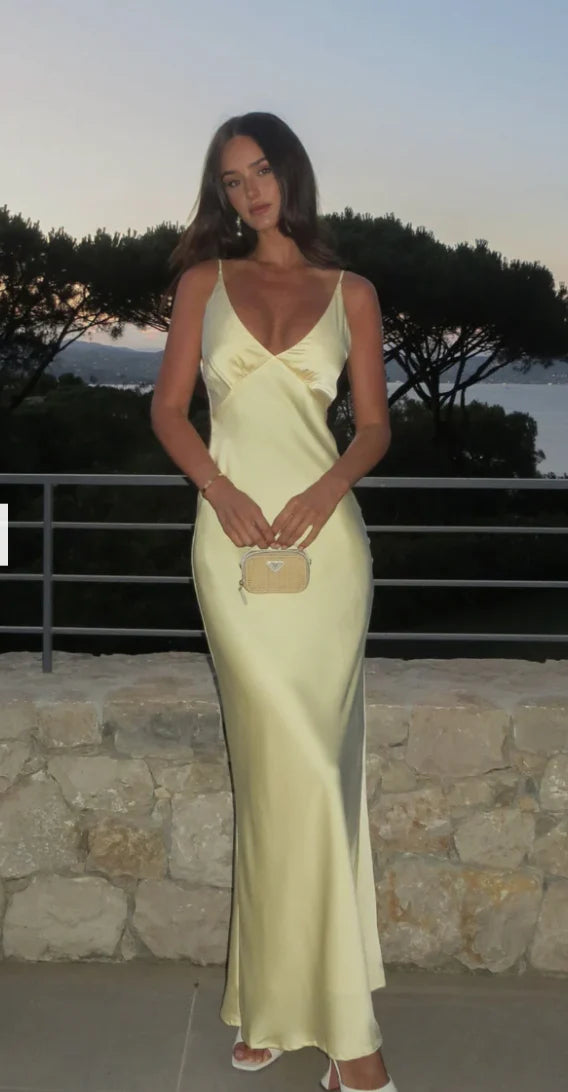 Simple Mermaid Spaghetti Straps Yellow Satin Long Prom Dresses Inspiration Party Dress Prom Gowns DH2969