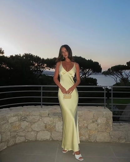 Simple Mermaid Spaghetti Straps Yellow Satin Long Prom Dresses Inspiration Party Dress Prom Gowns DH2969