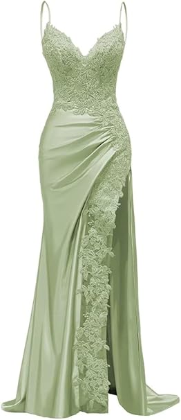 Elegant Mermaid Spaghetti Straps Dusty Blue Satin Long Prom Dresses Inspiration Party Dress Prom Gowns DH3022