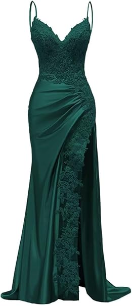 Elegant Mermaid Spaghetti Straps Dusty Blue Satin Long Prom Dresses Inspiration Party Dress Prom Gowns DH3022