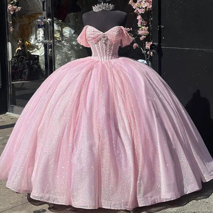 Ball Gown Sweetheart Light Pink Sequin Beaded Long Tulle Quinceanera Dress Sweet 15 16 Dresses DH3029