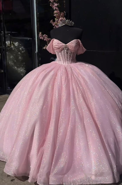 Ball Gown Sweetheart Light Pink Sequin Beaded Long Tulle Quinceanera Dress Sweet 15 16 Dresses DH3029