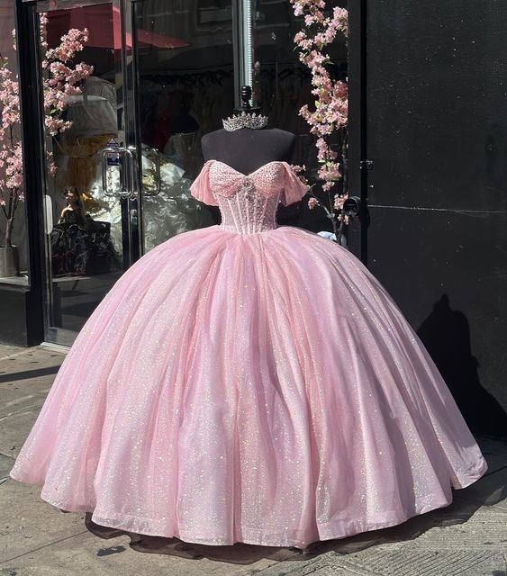Ball Gown Sweetheart Light Pink Sequin Beaded Long Tulle Quinceanera Dress Sweet 15 16 Dresses DH3029