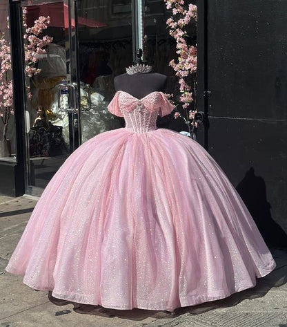 Ball Gown Sweetheart Light Pink Sequin Beaded Long Tulle Quinceanera Dress Sweet 15 16 Dresses DH3029