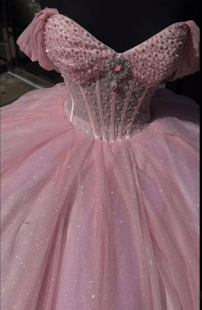 Ball Gown Sweetheart Light Pink Sequin Beaded Long Tulle Quinceanera Dress Sweet 15 16 Dresses DH3029