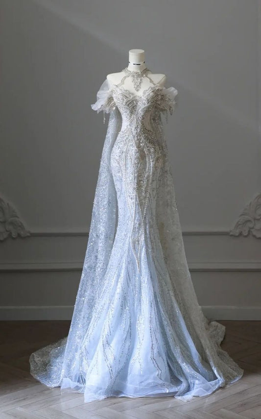 Luxury Mermaid Off The Shoulder Silver Beaded Fitted Tulle Corset Wedding Dress Long Bridal Gown Wedding Dresses DH3058