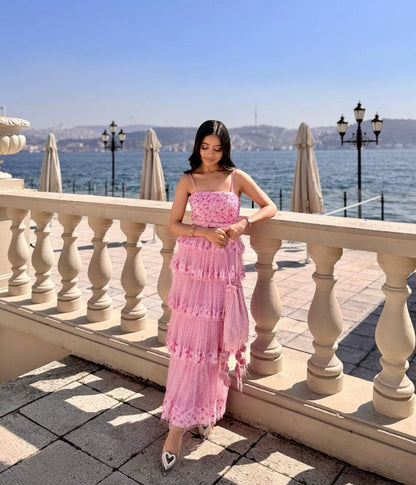 Vintage A line Spaghetti Straps Pink Tulle Beaded Long Prom Dresses Inspo Prom Gown DH3254