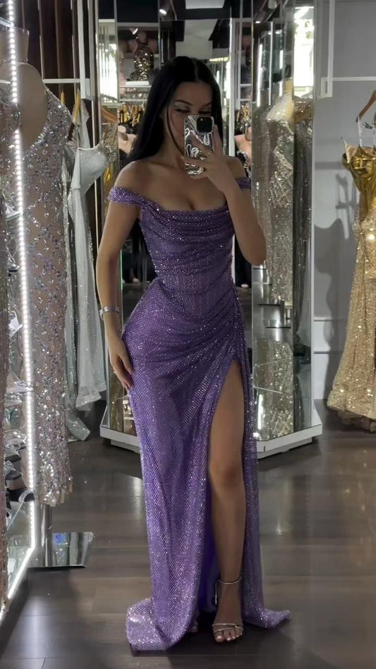 Beautiful Mermaid Off The Shoulder Sequin Light Purple Slit Long Prom Dresses Inspiration Prom Gowns DH3258