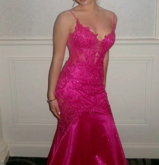 Ethereal Mermaid Spaghetti Straps Hot Pink Lace Appliques Sequin Long Prom Dresses Inspiration Prom Gowns DH3262