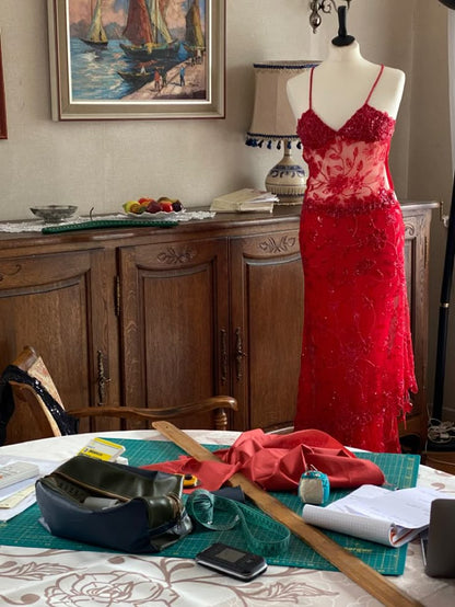 Charmante robe de bal sirène à bretelles spaghetti et paillettes rouges, longue, inspiration robe de soirée, robe de bal dh3263