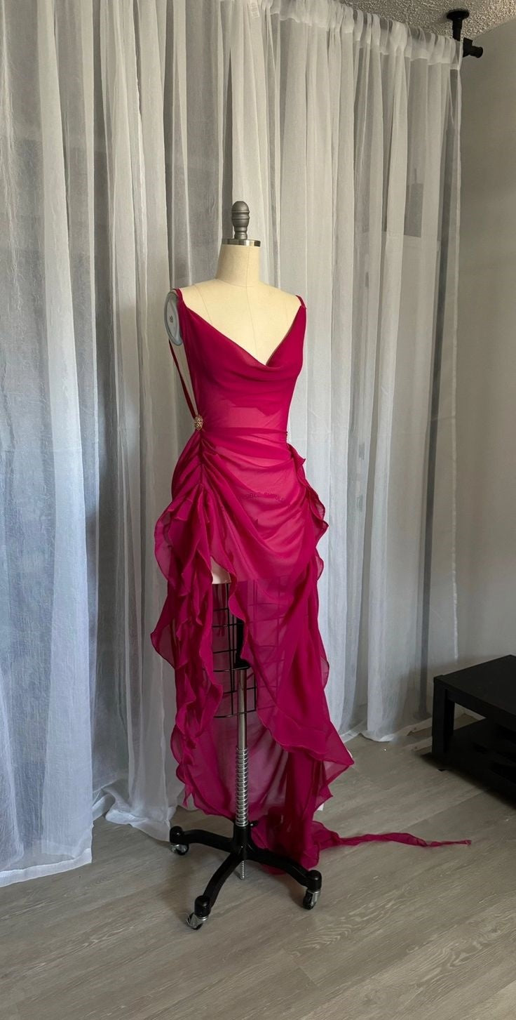 Robe de bal longue en mousseline fuchsia à bretelles spaghetti, tenue de soirée unique, tenue d'anniversaire, DH3264