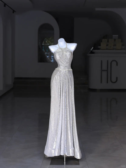 Robes de bal modestes Robe de soirée longue en paillettes argentées à col rond et coupe trapèze N2991