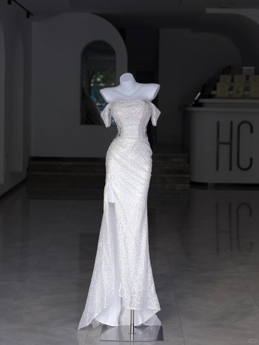 Modest Wedding Dresses Mermaid Off The Shoulder White Sequin With Split Long Bridal Gown N2990