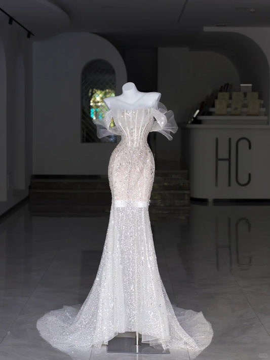 Modest Wedding Dresses Mermaid Off The Shoulder White Sequin Beaded Bodice Long Bridal Gown N2989