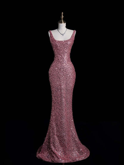 Robe de soirée longue fourreau rose à sequins, sans bretelles, style cabaret, idéale pour les jeunes filles et les adolescents (AB2111).