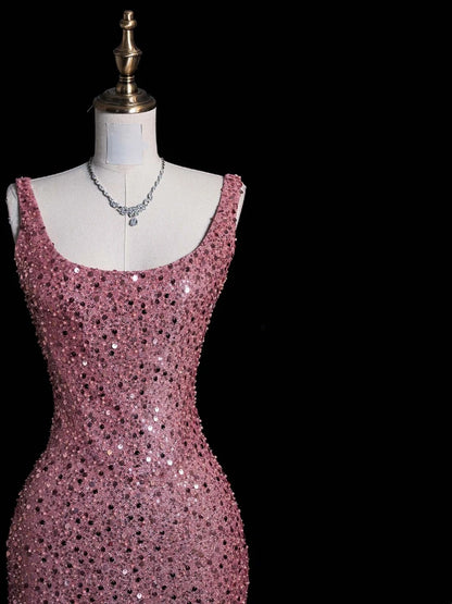 Robe de bal longue rose à paillettes, col carré et corsage orné de perles, style sirène, référence N545