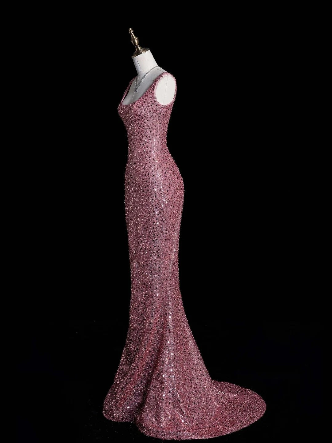 Robe de soirée longue fourreau rose à sequins, sans bretelles, style cabaret, idéale pour les jeunes filles et les adolescents (AB2111).