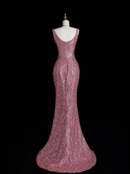 Robe de soirée longue fourreau rose à sequins, sans bretelles, style cabaret, idéale pour les jeunes filles et les adolescents (AB2111).