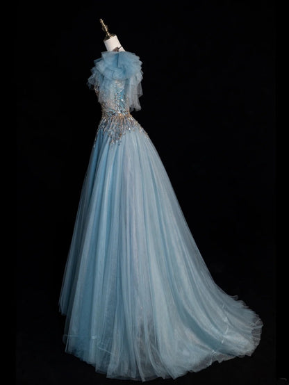 Robe de bal longue à paillettes, col en V, corsage en tulle bleu orné de perles, tenue de soirée formelle N546