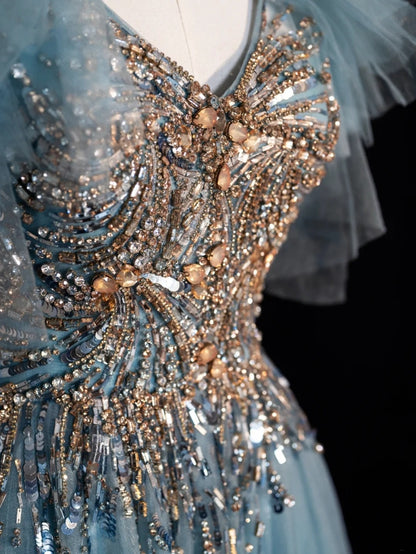 Robe de bal longue à paillettes, col en V, corsage en tulle bleu orné de perles, tenue de soirée formelle N546