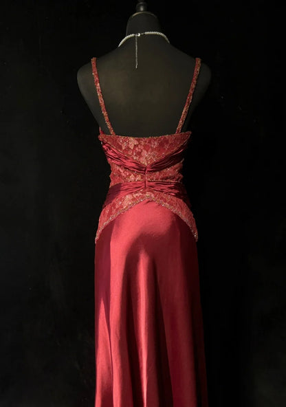 Robes de bal vintage en satin rouge bordeaux coupe trapèze à fines bretelles avec plis, longue robe de soirée années 60 N2602