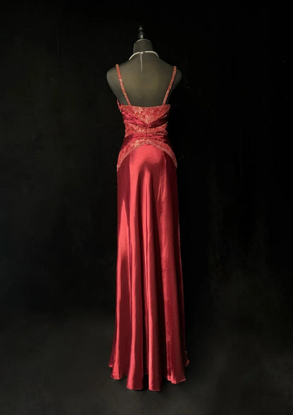 Robes de bal vintage en satin rouge bordeaux coupe trapèze à fines bretelles avec plis, longue robe de soirée années 60 N2602