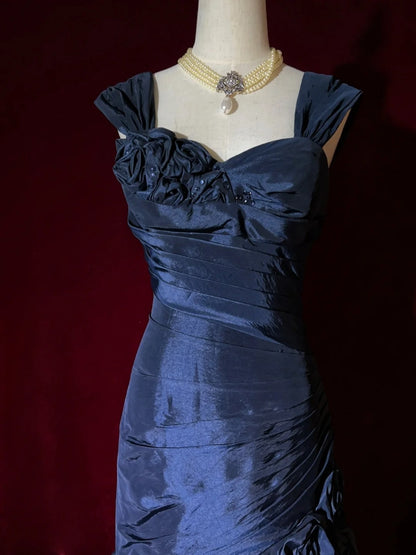 Robes de bal vintage des années 90 sirène bustier bleu marine satin fleurs longues tenues de soirée N3191