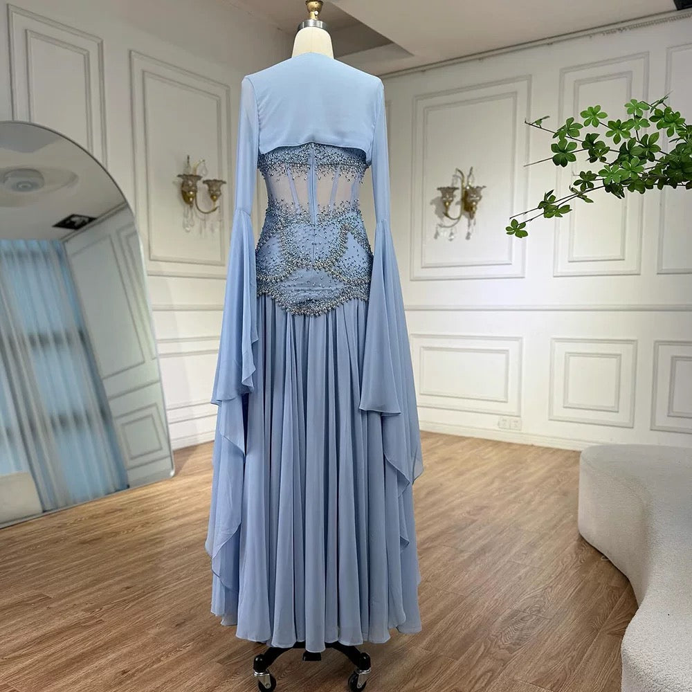 Robe de bal élégante en mousseline de soie bleue, coupe trapèze, sans bretelles, ornée de perles, tenue de soirée pour 20e anniversaire, RB1966