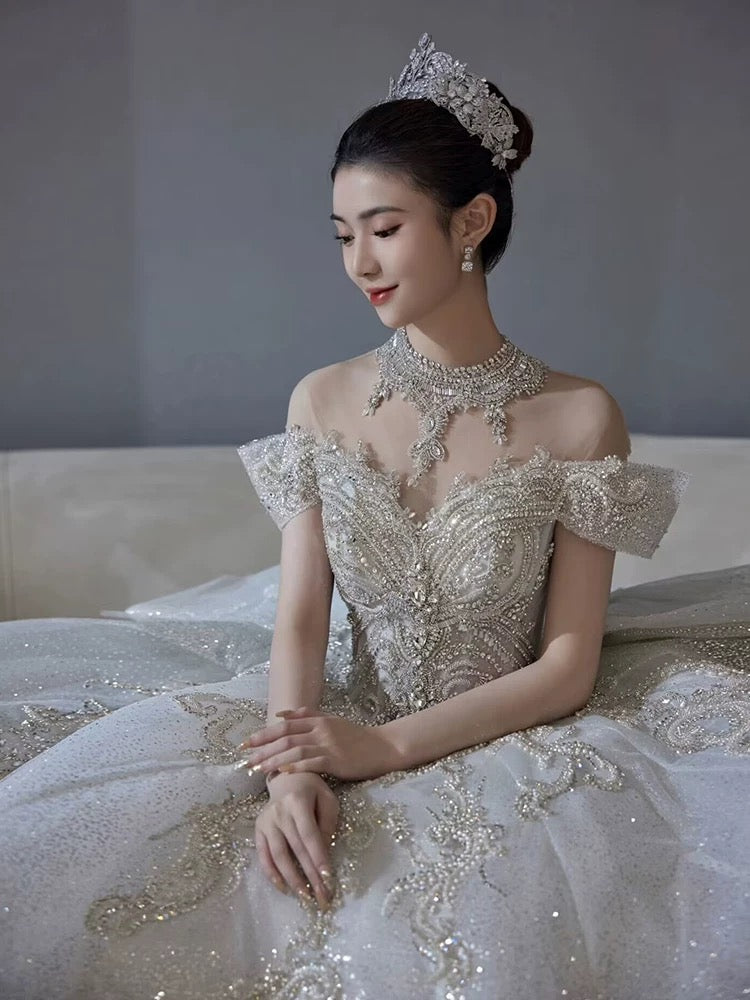 Robe de mariée longue à paillettes, épaules dénudées, manches courtes, blanche et argentée, avec perles, idée de robe de mariée DH2899