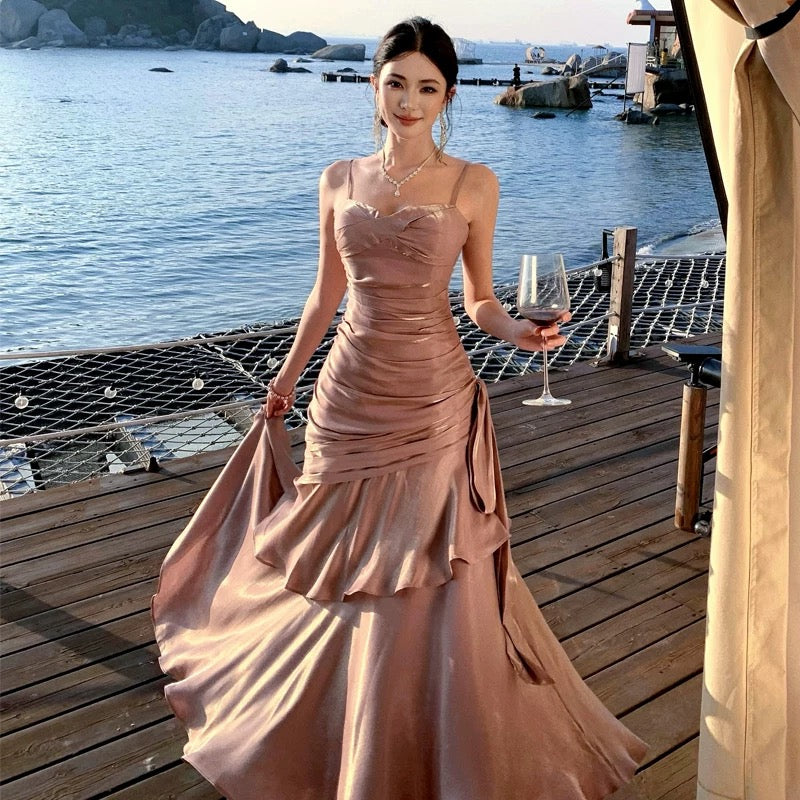 Robe de bal de fin d'année pour fille, style sirène, bleu ciel clair, bretelles spaghetti, NN829